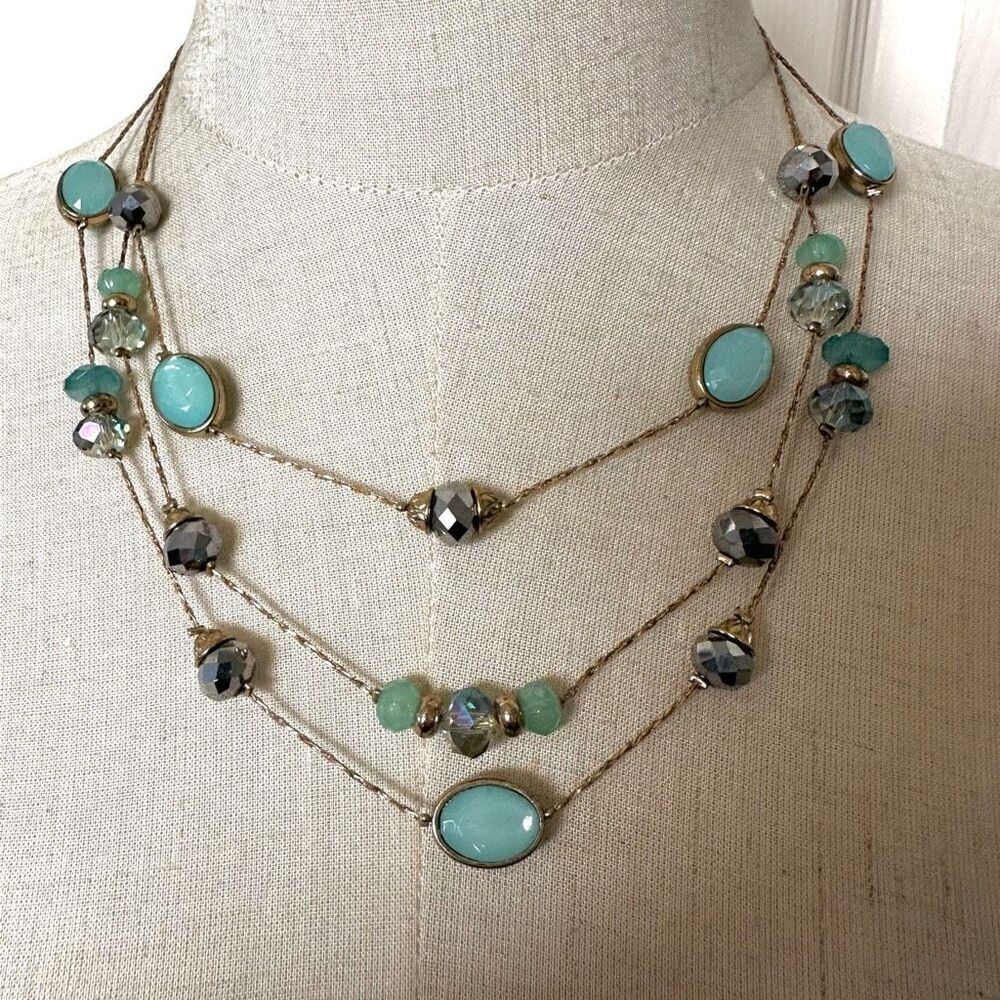 NY Collection gold tone and blue triple strand beaded necklace
